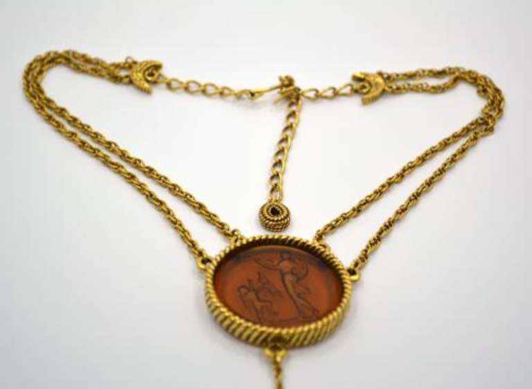 Vintage Necklace With Carve Glass Pendant, Cupid and Other Myth Creature