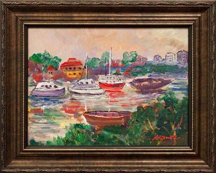 BEAUTIFUL ORIGINAL BY MANOR SHADIAN MANOR SHADIAN Sailboats in the Harbor