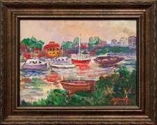 BEAUTIFUL ORIGINAL BY MANOR SHADIAN MANOR SHADIAN Sailboats in the Harbor