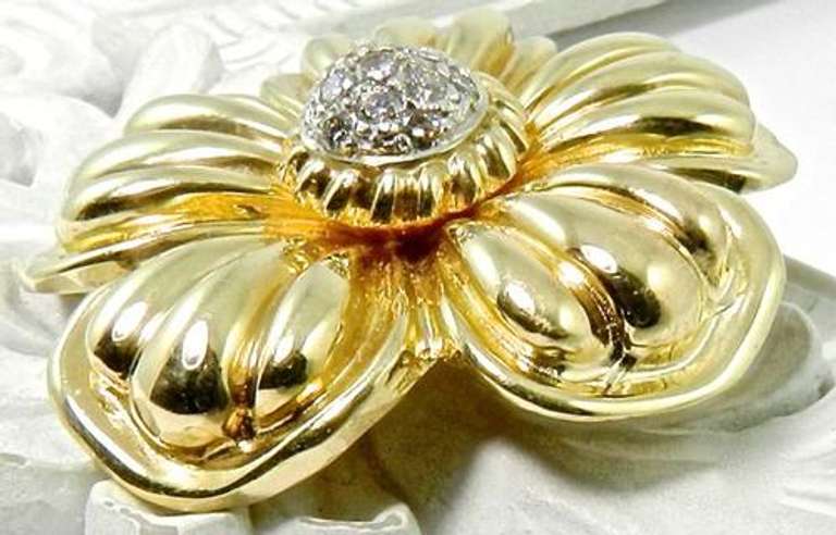 Large & Heavy 14kt Gold Flower Brooch With Diamonds
