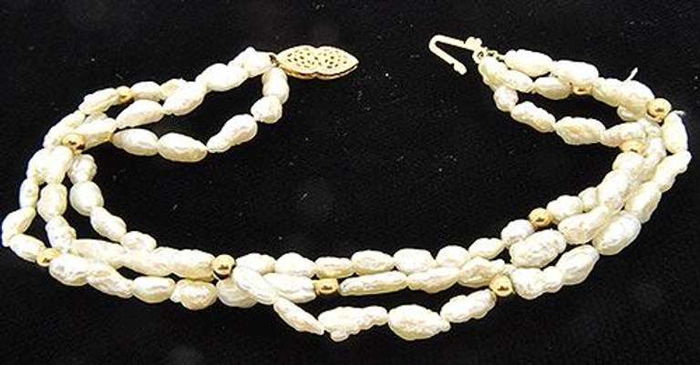 Ladies 14kt Gold Multi-Row Pearl Bracelet