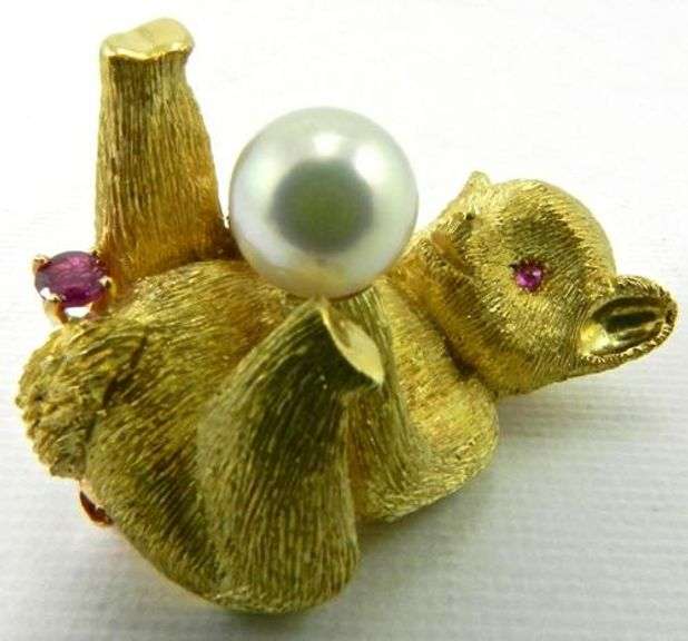 Collectible Pearl & Ruby Accent Monkey Brooch
