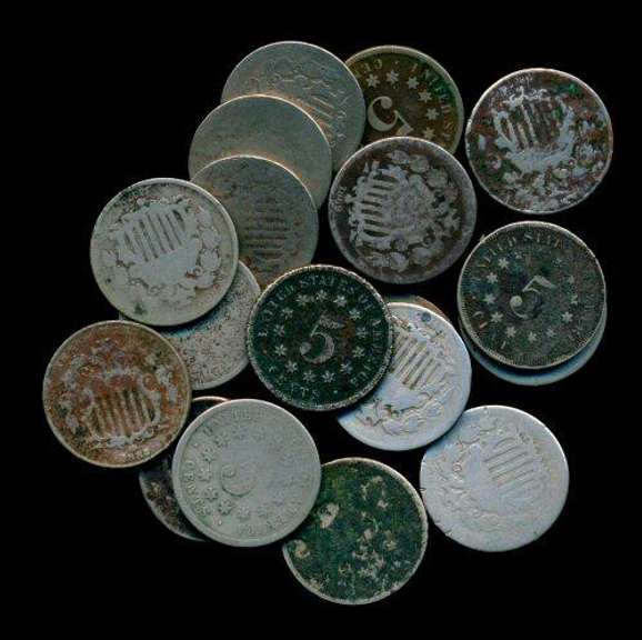 Lot of 18 Assorted Circulated Shield Nickels