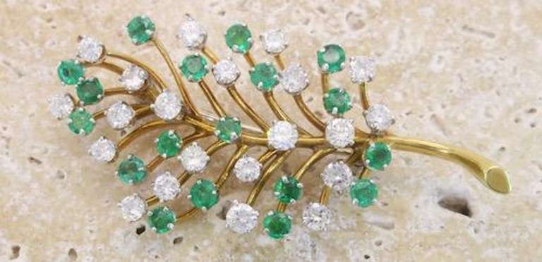 Vintage Emerald & Diamond Brooch, 14kt Gold