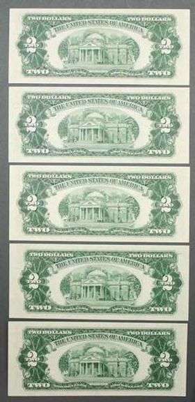5 Consecutive US $2 Red Seal 1953 Choice CU Star Notes