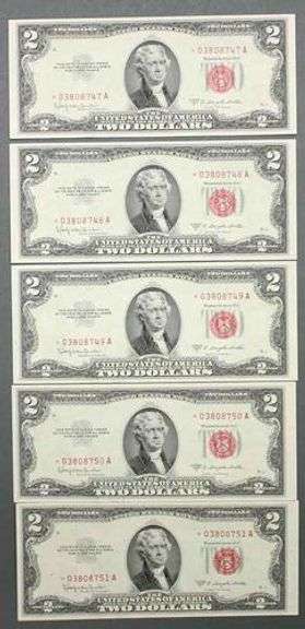 5 Consecutive US $2 Red Seal 1953 Choice CU Star Notes
