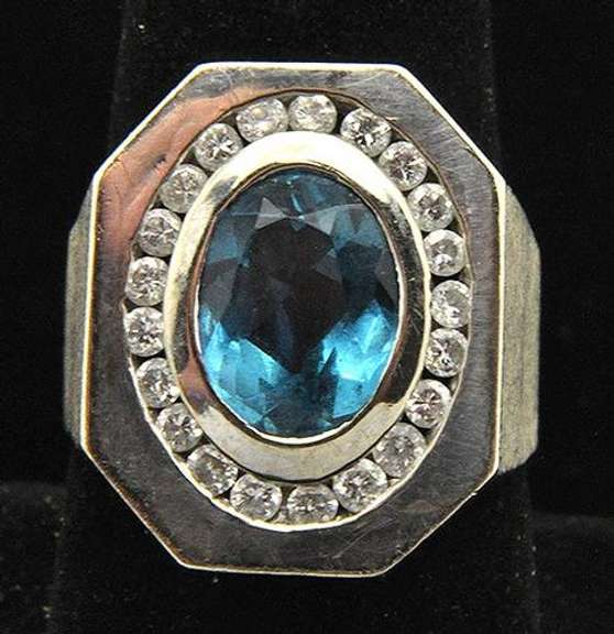 Gents Classy Blue Topaz & Diamond Ring, 14K