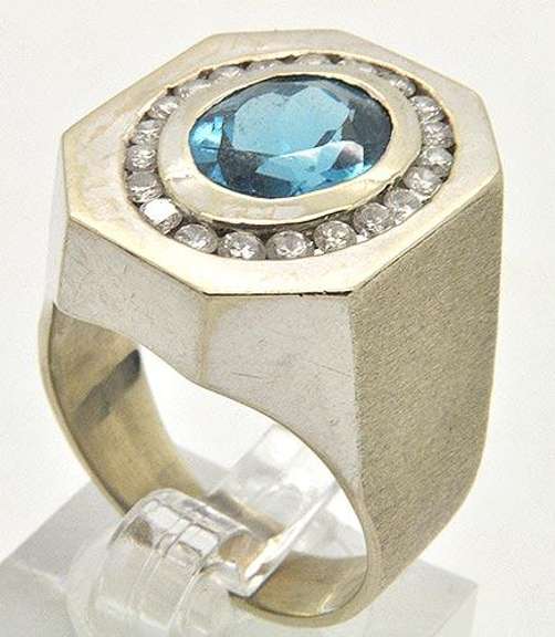 Gents Classy Blue Topaz & Diamond Ring, 14K