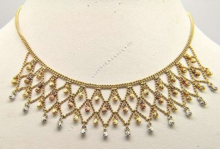 Multi-Colored Gold Bead Design Necklace, 14k