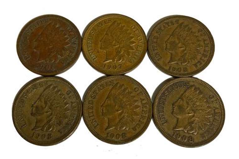 6 Choice Indian Head Cents 1906 1907 & 4 1908