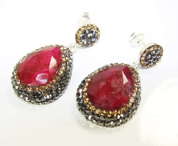 Glamorous Large Gemstone with Crystals 925 SS Earrings