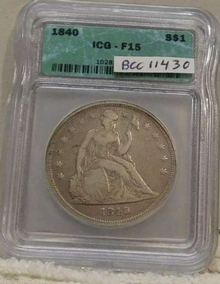 1840 Seated Liberty Dollar, ICG F-15, First Year Issue.