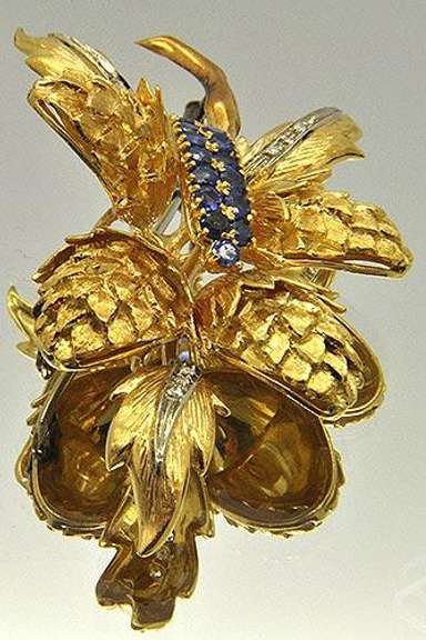 Superb & Intricate 18kt Gold Sapphire & Diamond Brooch