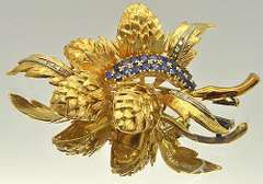 Superb & Intricate 18kt Gold Sapphire & Diamond Brooch