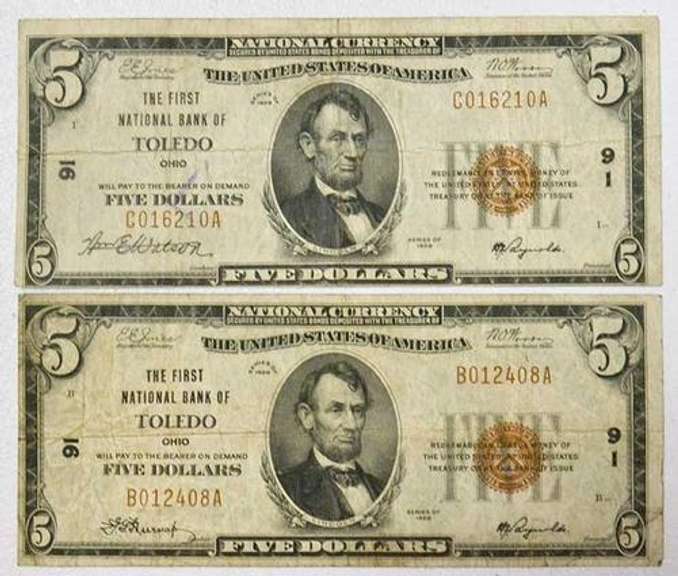 2 Series of 1929 $5 First National Bank of Toledo Ohio Nationals