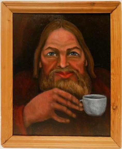 Oil on board Portrait of a man enjoying his tea 1986
