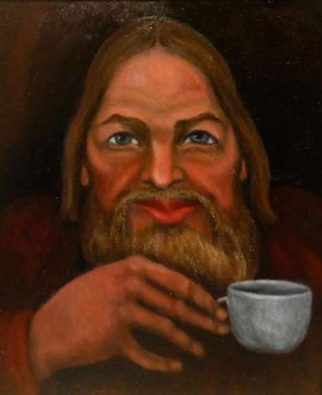 Oil on board Portrait of a man enjoying his tea 1986