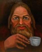 Oil on board Portrait of a man enjoying his tea 1986