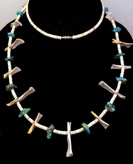 Natural Turquoise & Shell Beaded Necklace, 29in
