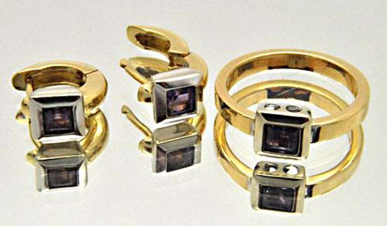 LADIES 18 KT YELLOW AND WHITE GOLD AMETHYST SET.