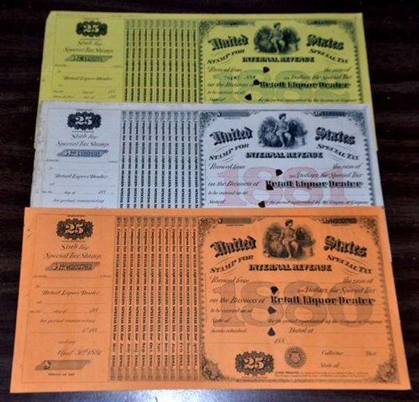 Run of 6 Diff. US Retail Liquor Licenses 1880-1885