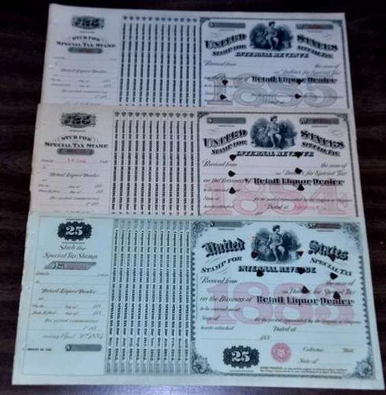 Run of 6 Diff. US Retail Liquor Licenses 1880-1885