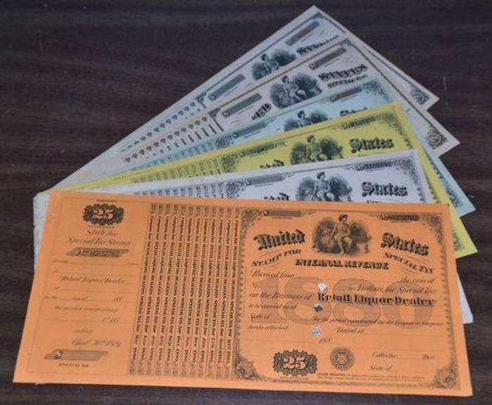 Run of 6 Diff. US Retail Liquor Licenses 1880-1885