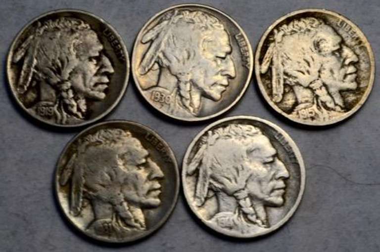 5 Sharp Full Date Buffalo Nickels 1914 1915 D 1919 1930 S &1931 S