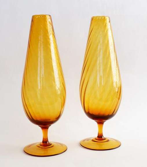 Vintage Amber Hand Blown Glass Footed Vases with Swirl Pattern