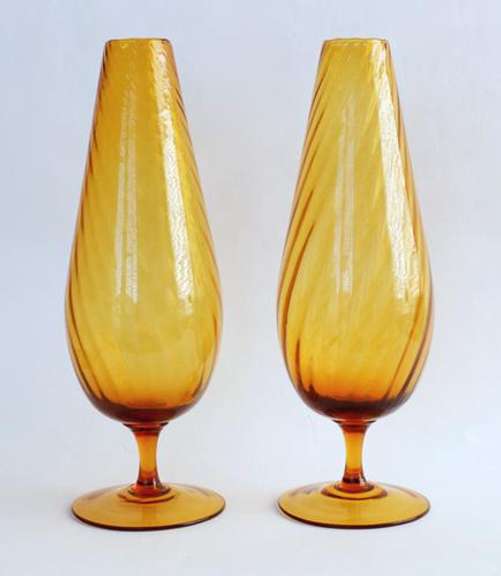 Vintage Amber Hand Blown Glass Footed Vases with Swirl Pattern