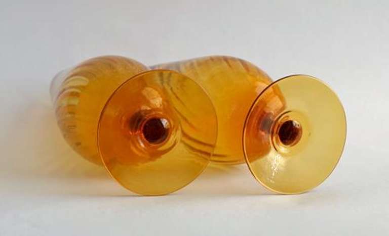 Vintage Amber Hand Blown Glass Footed Vases with Swirl Pattern
