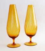 Vintage Amber Hand Blown Glass Footed Vases with Swirl Pattern
