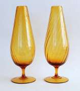 Vintage Amber Hand Blown Glass Footed Vases with Swirl Pattern
