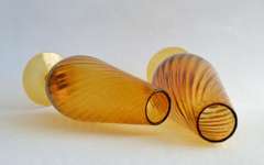 Vintage Amber Hand Blown Glass Footed Vases with Swirl Pattern
