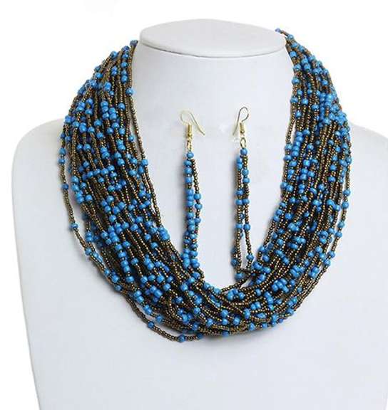 Splendid Blue & Gold Tone Beaded Necklace & Earrings
