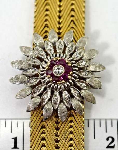 Heavy 18K Bracelet w/ Ruby & Diamond Flower Attachment