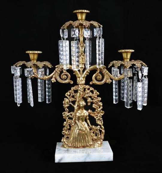 Vintage Brass and Marble Candelabra W/ Crystal Prisms