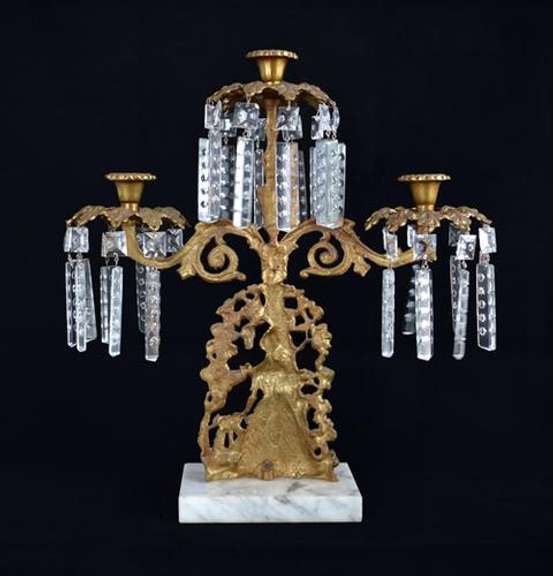 Vintage Brass and Marble Candelabra W/ Crystal Prisms