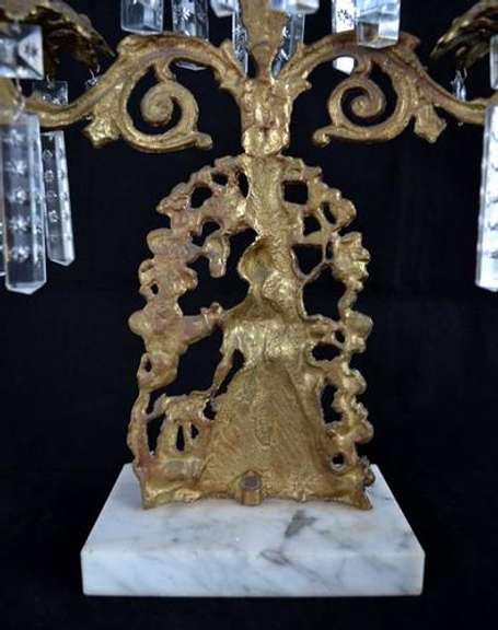 Vintage Brass and Marble Candelabra W/ Crystal Prisms