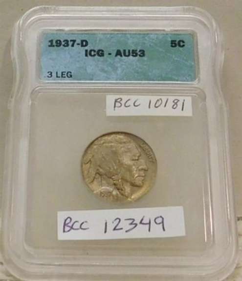 3-Leg Buffalo Nickel, 1937-D, ICG AU-53, very rare