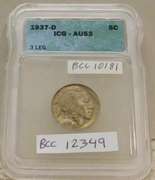 3-Leg Buffalo Nickel, 1937-D, ICG AU-53, very rare