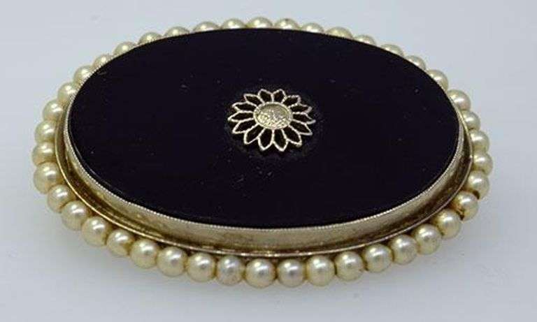 Vintage Black Onyx Pin with Beeded Pearls