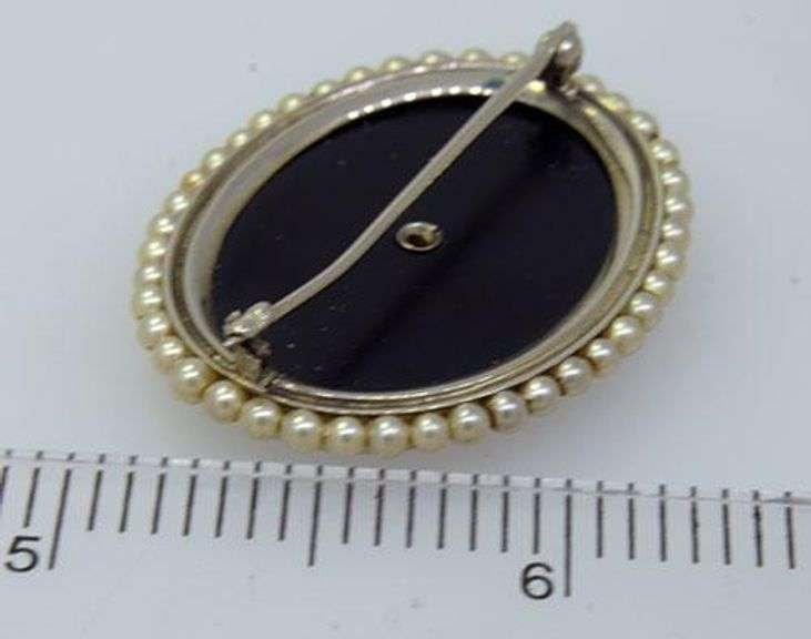 Vintage Black Onyx Pin with Beeded Pearls