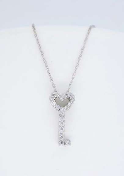 14K White Gold Diamond Heart Shaped Key Necklace