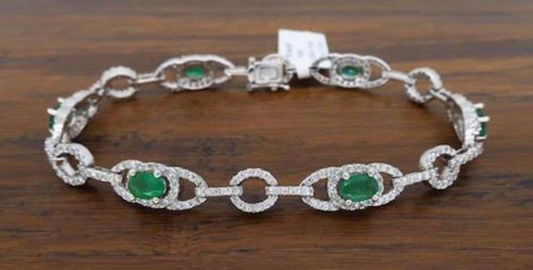 14K White Gold Diamond and Emerald Bracelet