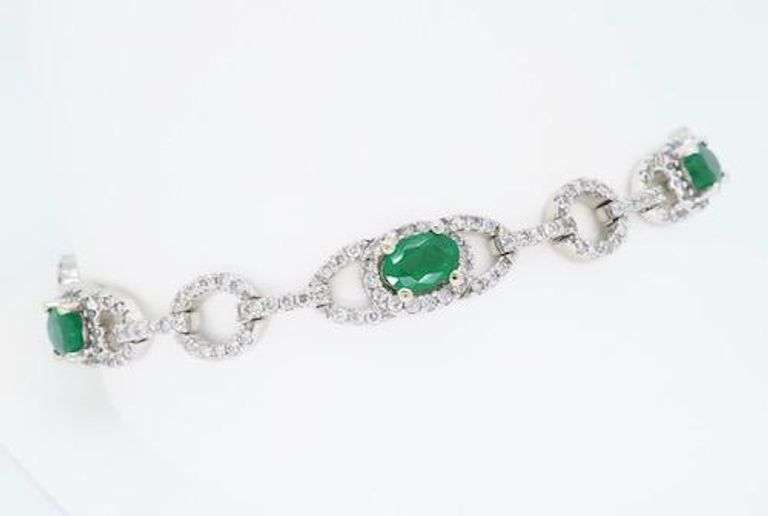 14K White Gold Diamond and Emerald Bracelet
