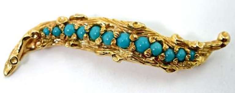 Delightful 14K Feather Brooch with Turquoise