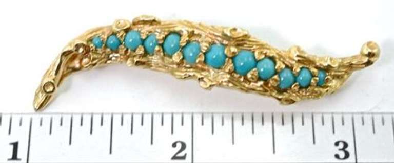 Delightful 14K Feather Brooch with Turquoise