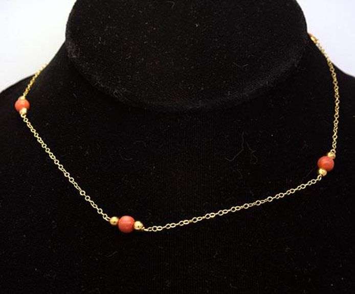 Delicate Chain Necklace with Coral & Gold Beads, 21in