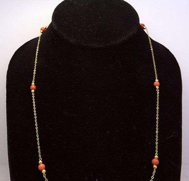 Delicate Chain Necklace with Coral & Gold Beads, 21in